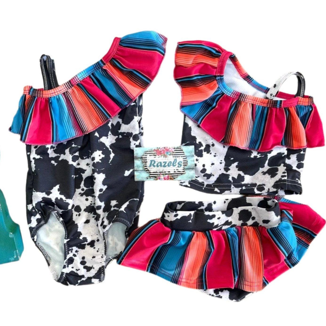 kids Serape and Cow Print Swimsuit, Mexican Swimsuits