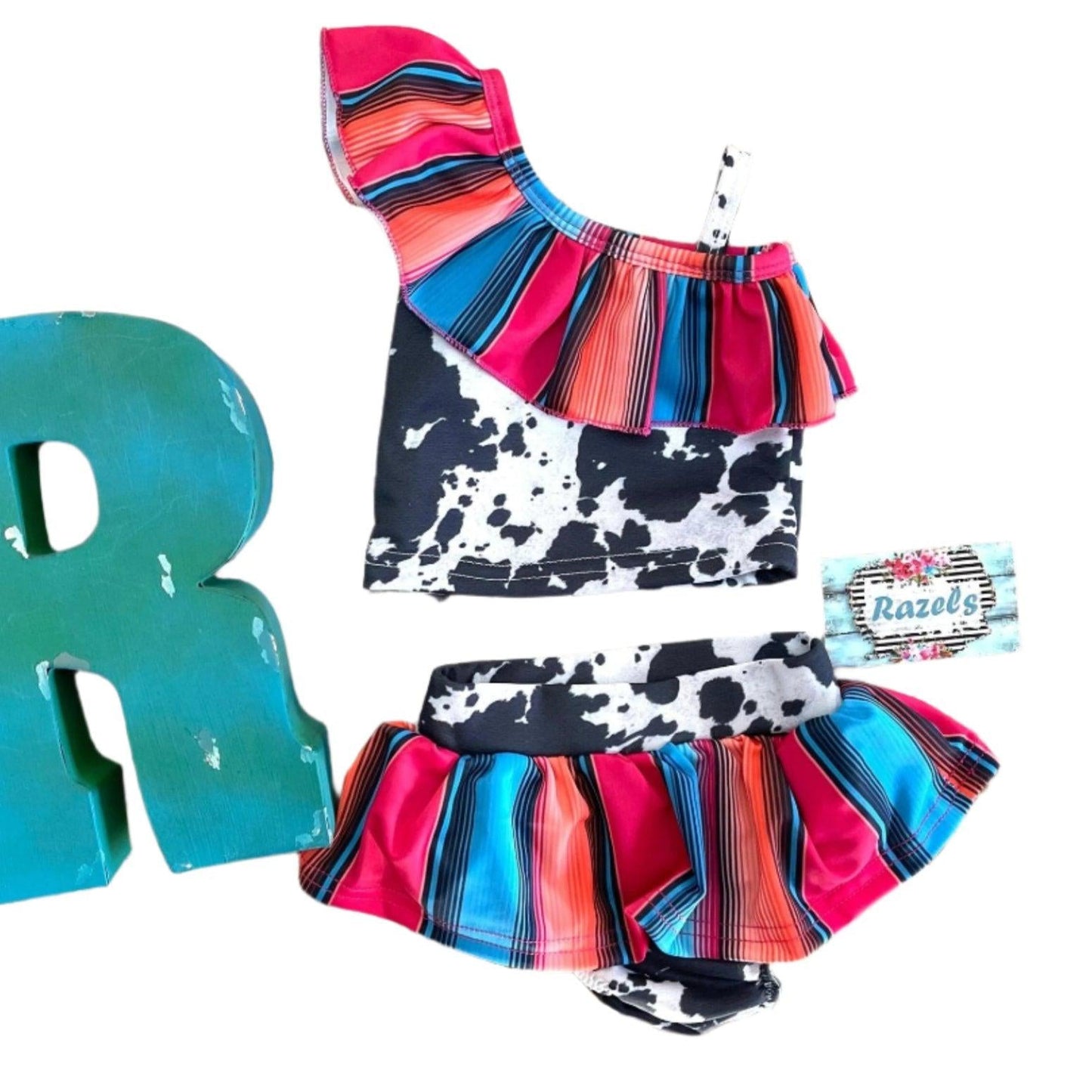 kids Serape and Cow Print Swimsuit, Mexican Swimsuits