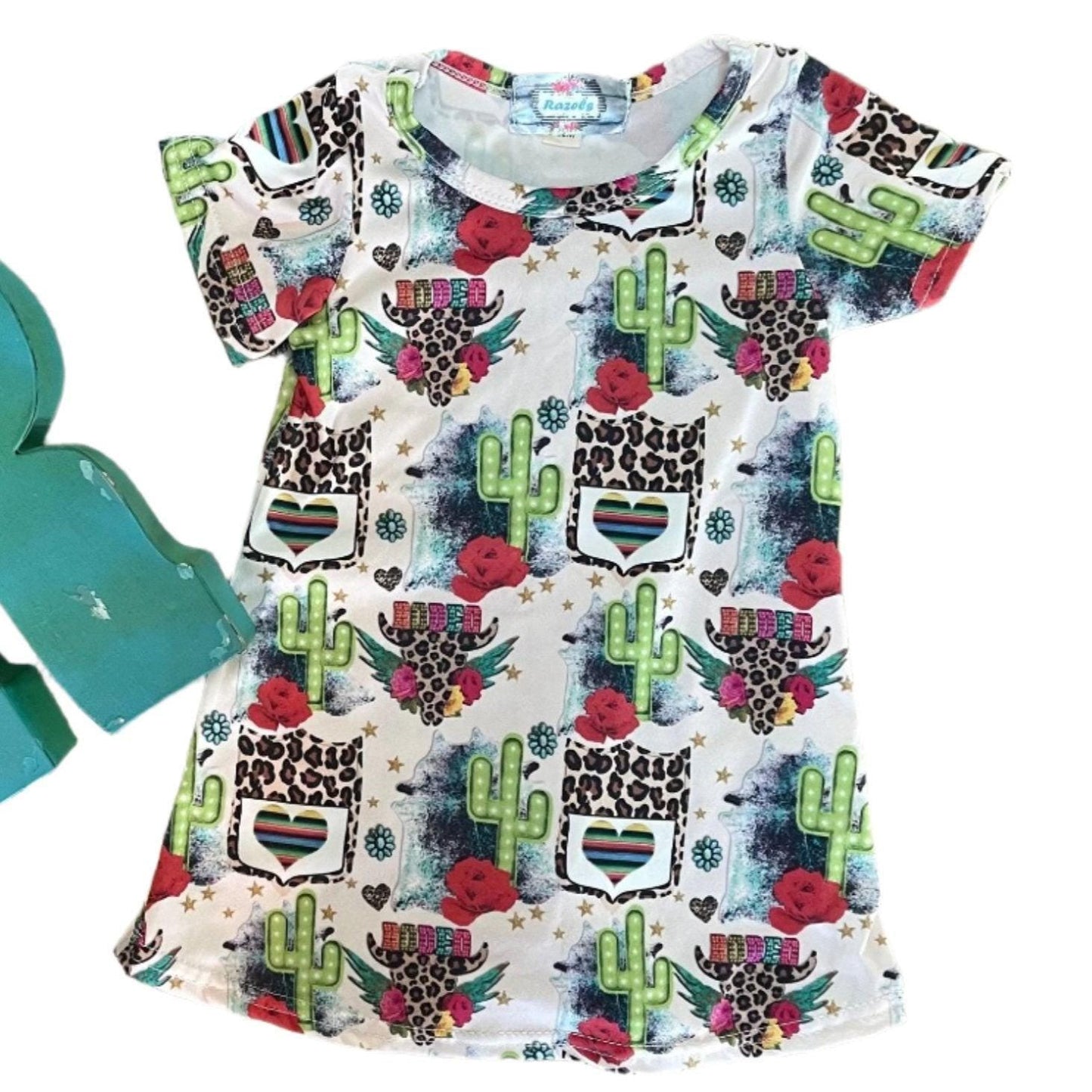 Cowgirl Dress for Kids Toddler & Baby - Rodeo T-Shirt Dress with Cheetah Skull, Cactus and Back Number Design