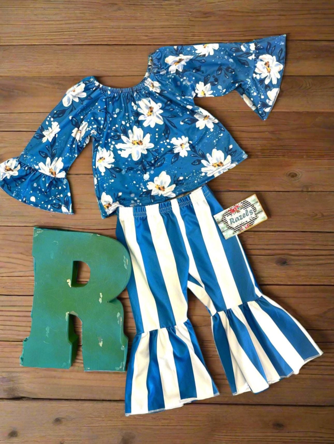 Daisy Blouse, Blue and White Striped Bell Bottom Pants