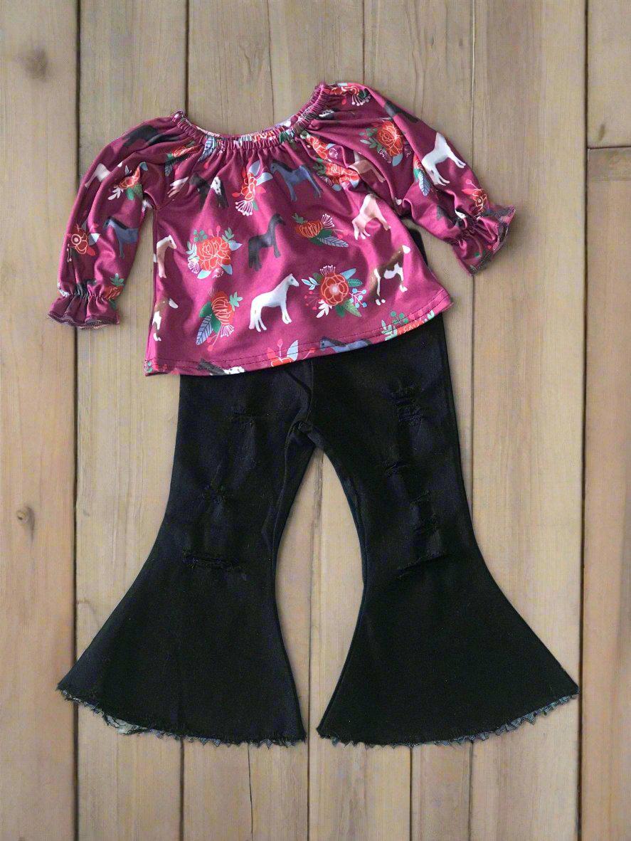 Girls' Horse Shirt & Black Bell Bottom Jeans Outfit, Horse Blouse