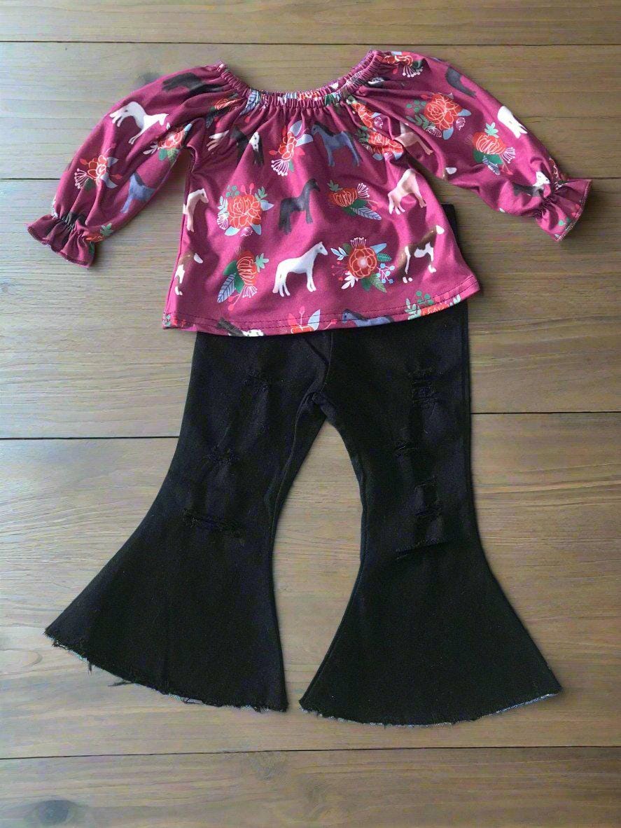 Girls' Horse Shirt & Black Bell Bottom Jeans Outfit, Horse Blouse