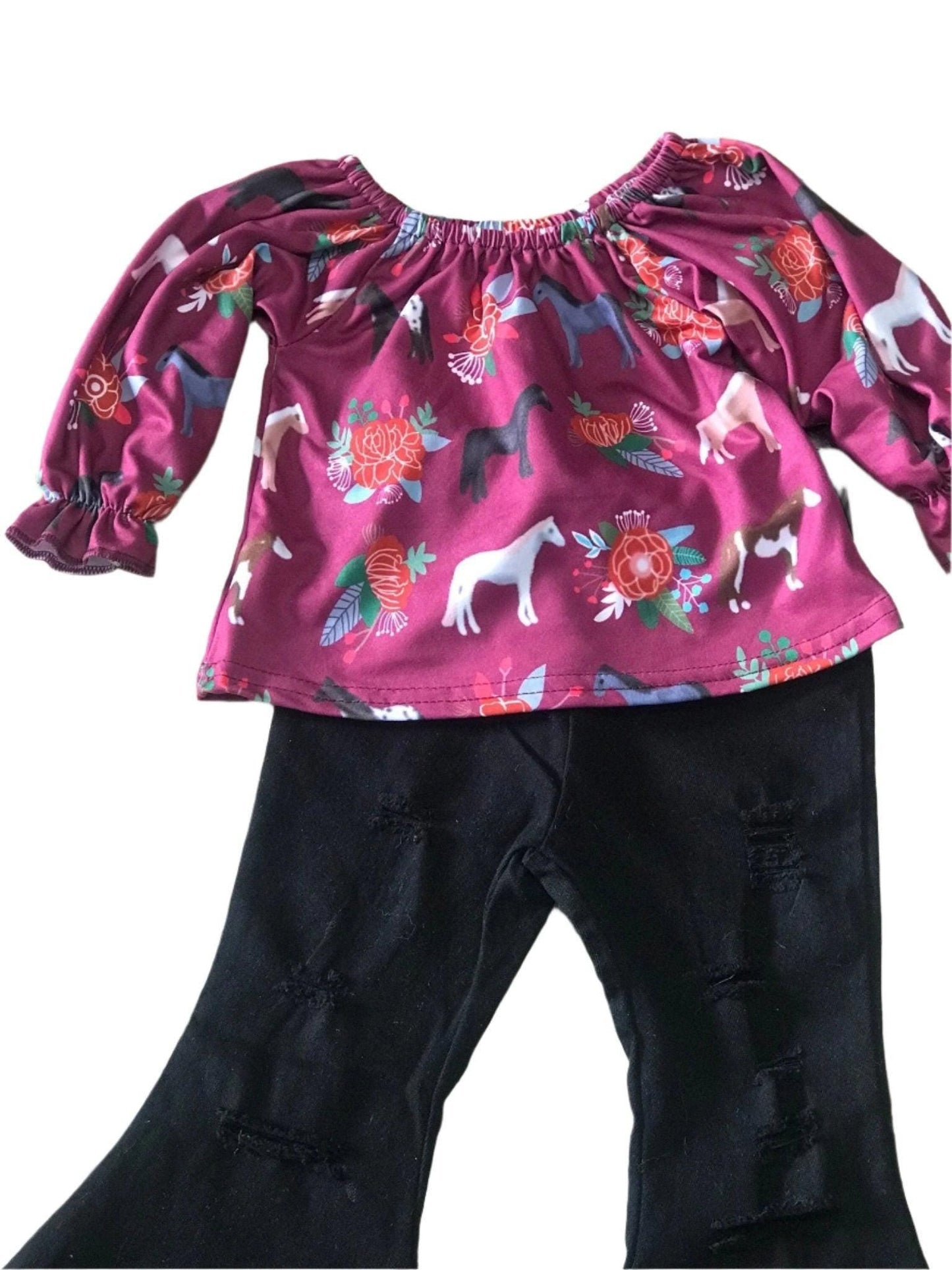 Girls' Horse Shirt & Black Bell Bottom Jeans Outfit, Horse Blouse