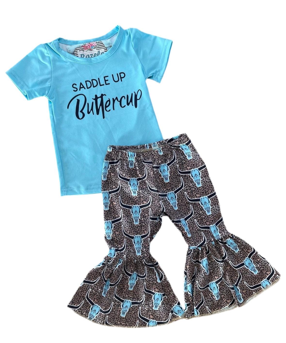 Saddle Up Buttercup Bell Bottom Outfit Sizes: 8/9, 10/12, 14/16, Cowgirl Bell Bottom, Turquoise T-Shirt &; Cow Skull Cheetah Print Flares,