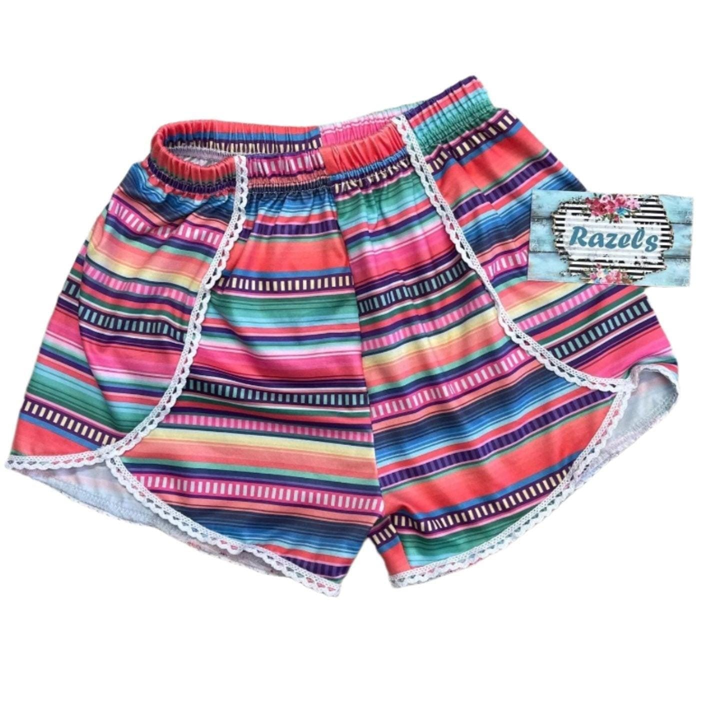 Girls Serape Summer Shorts β Pink Stripe Western Boutique Style β Lightweight & Lace Hem