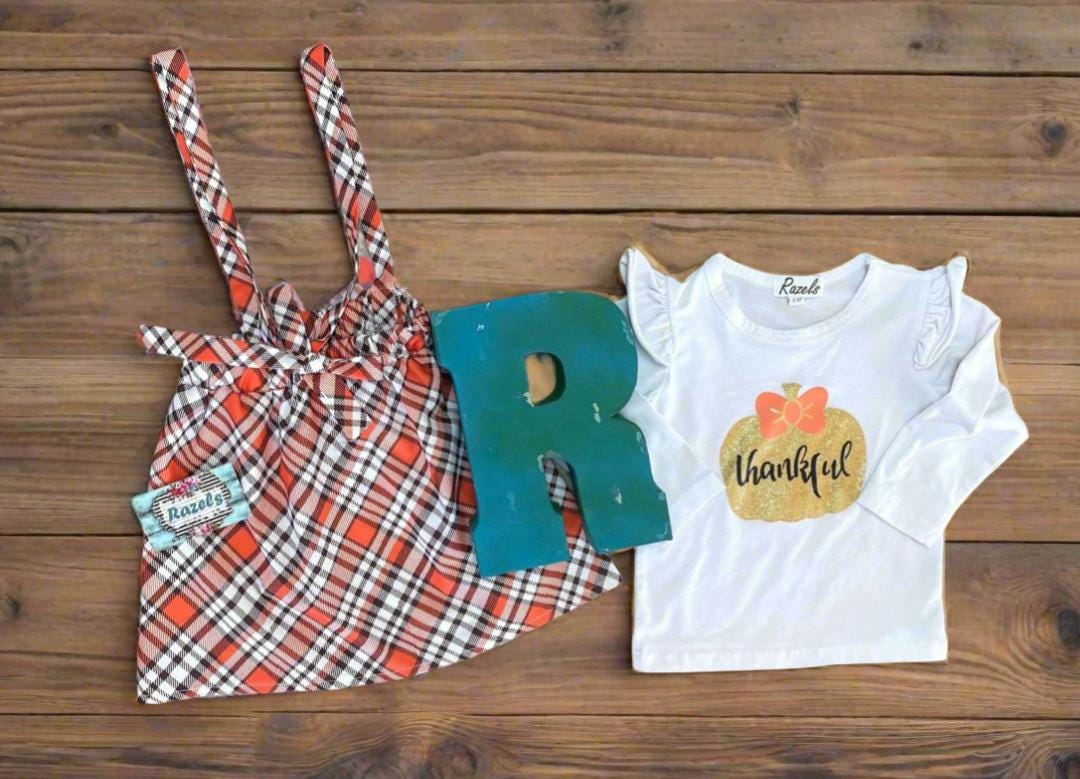 Toddler Girl Thanksgiving Outfit ā Thankful Pumpkin Shirt & Fall Plaid Skirt | Cute Thanksgiving Clothing