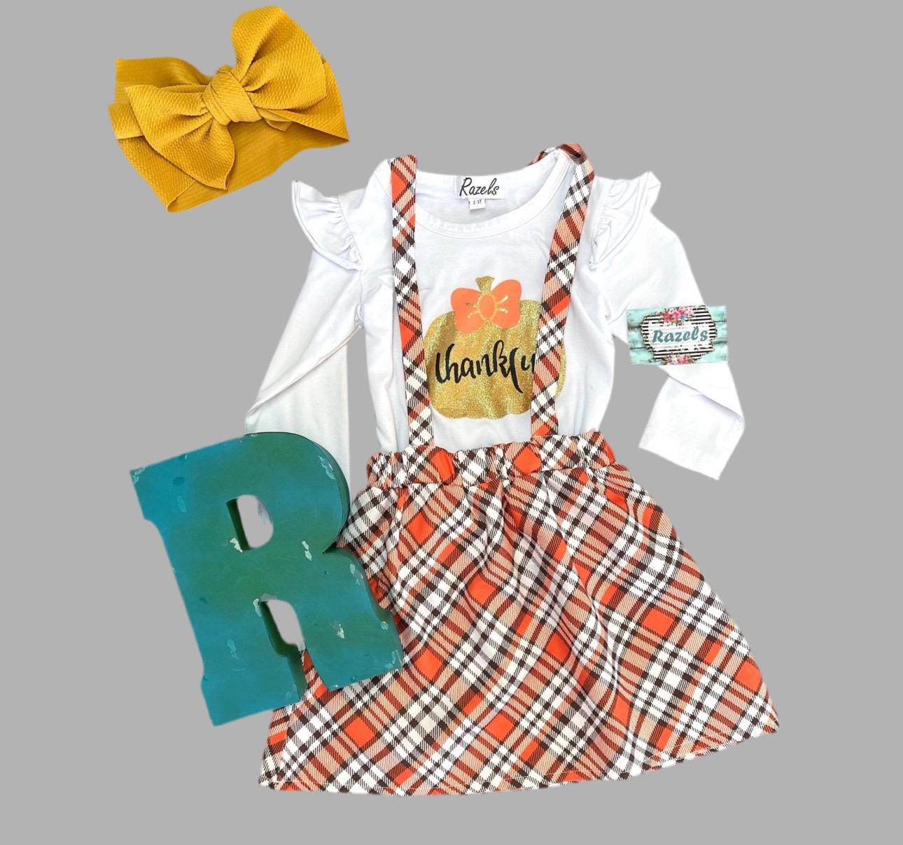 Toddler Girl Thanksgiving Outfit ā Thankful Pumpkin Shirt & Fall Plaid Skirt | Cute Thanksgiving Clothing