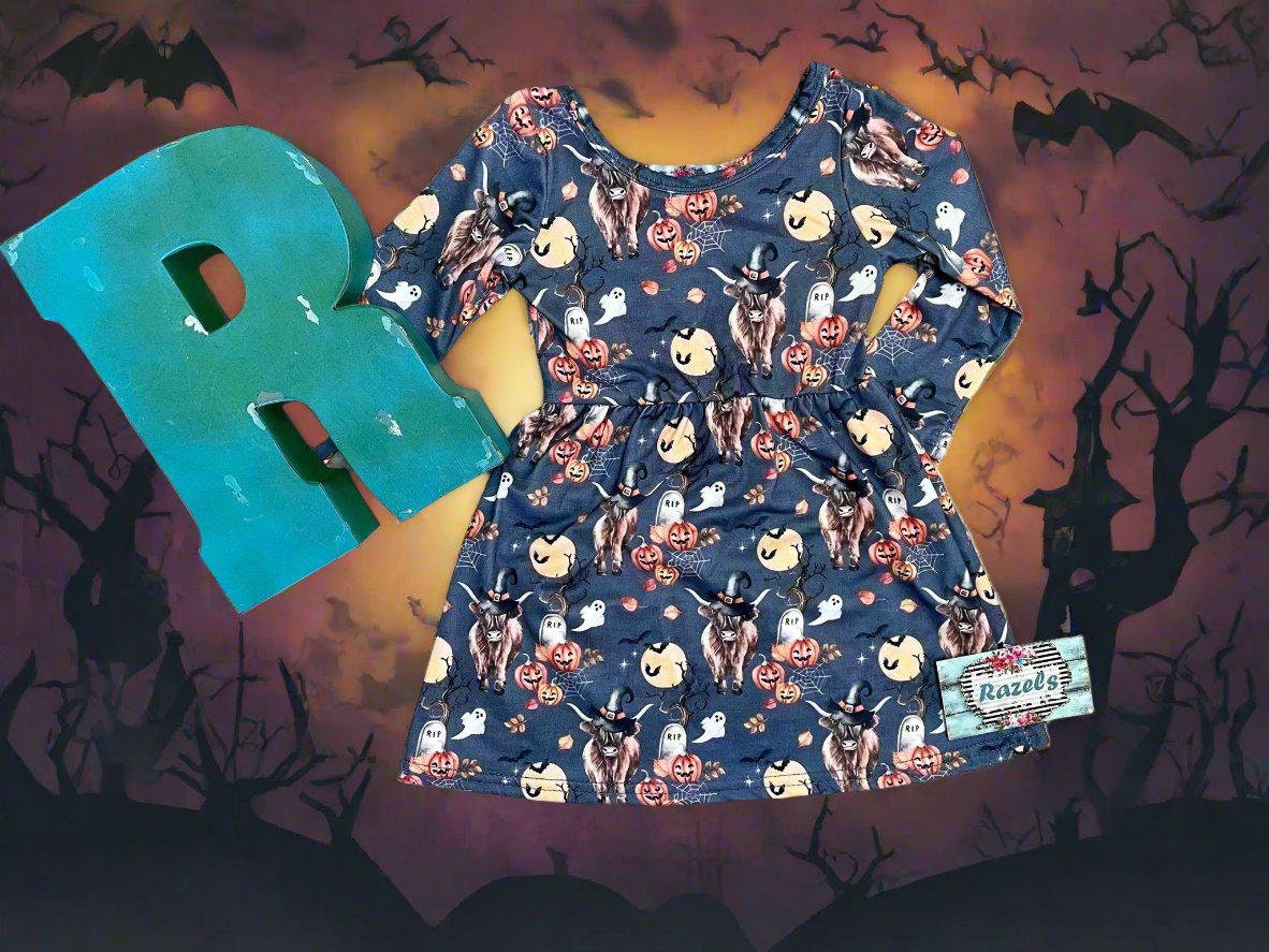 Highland Cow Halloween Dress – Western Pumpkin Cow Dress for Girls | Scottish Highlander Style Fall Dress