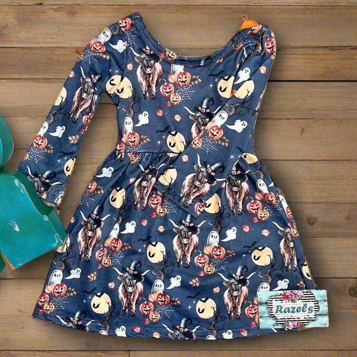 Highland Cow Halloween Dress – Western Pumpkin Cow Dress for Girls | Scottish Highlander Style Fall Dress