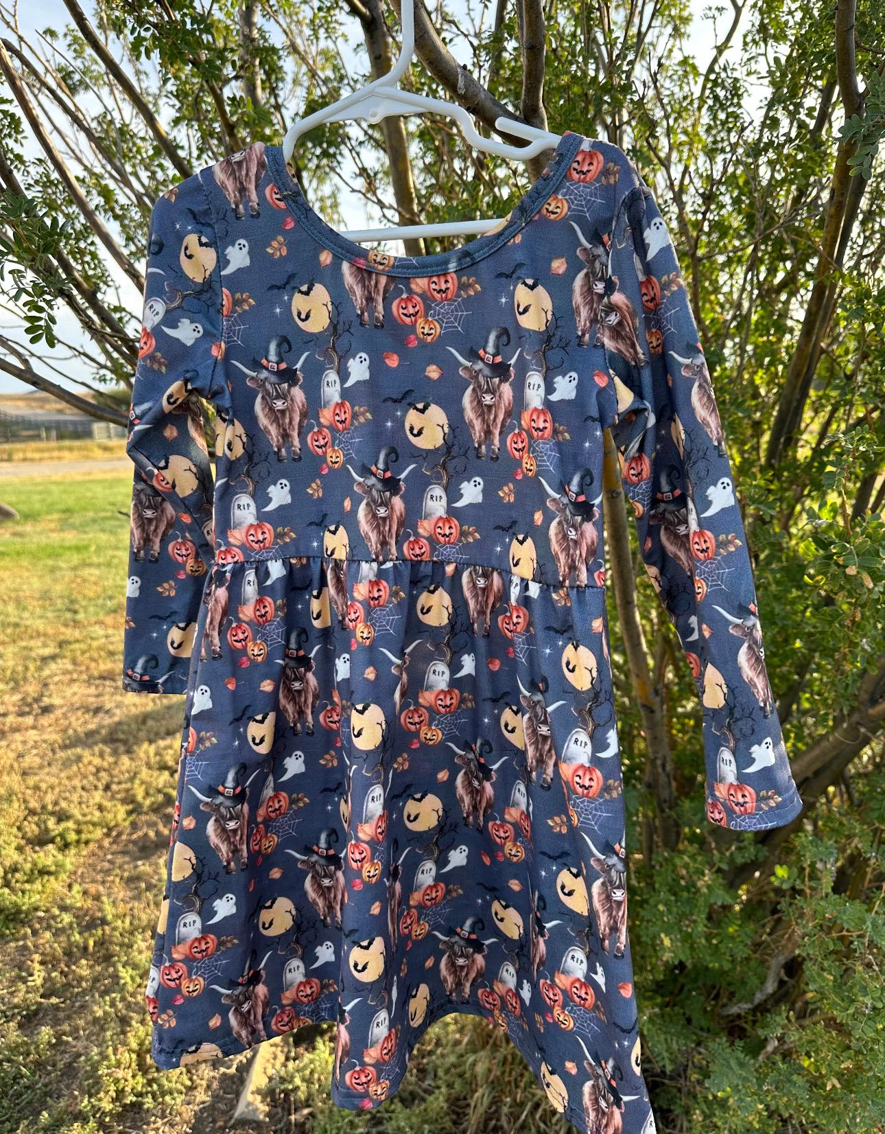 Highland Cow Halloween Dress – Western Pumpkin Cow Dress for Girls | Scottish Highlander Style Fall Dress