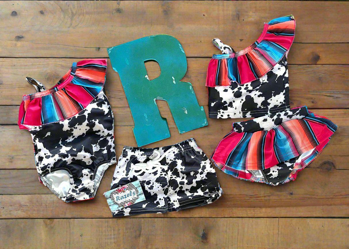 kids Serape and Cow Print Swimsuit, Mexican Swimsuits