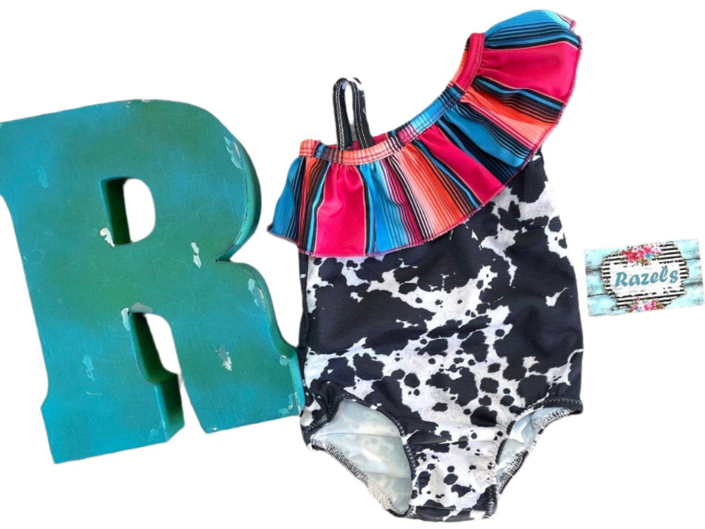 kids Serape and Cow Print Swimsuit, Mexican Swimsuits