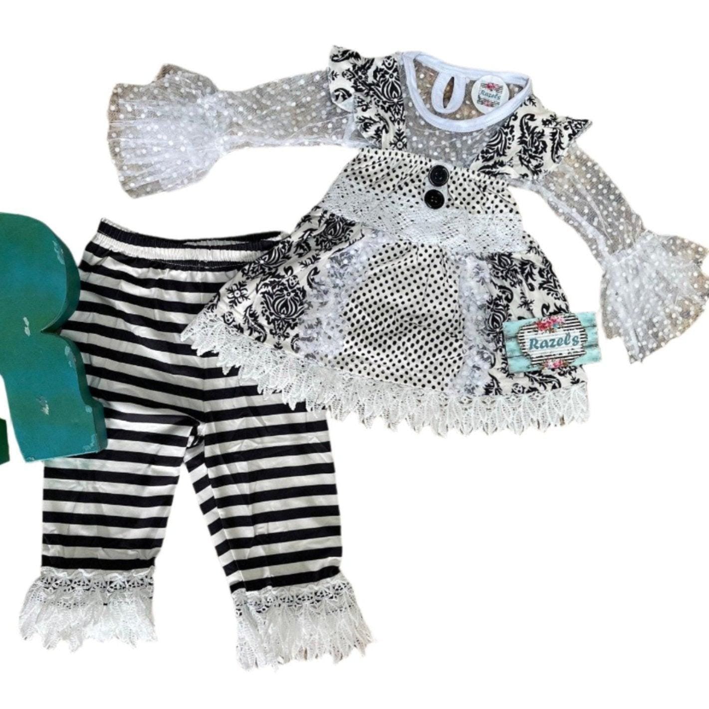SALE Girls Black and White Lace Outfit | 3-Piece Set with Ruffle Top, Tunic Tank & Striped Pants | Special Occasion or Funeral Outfit