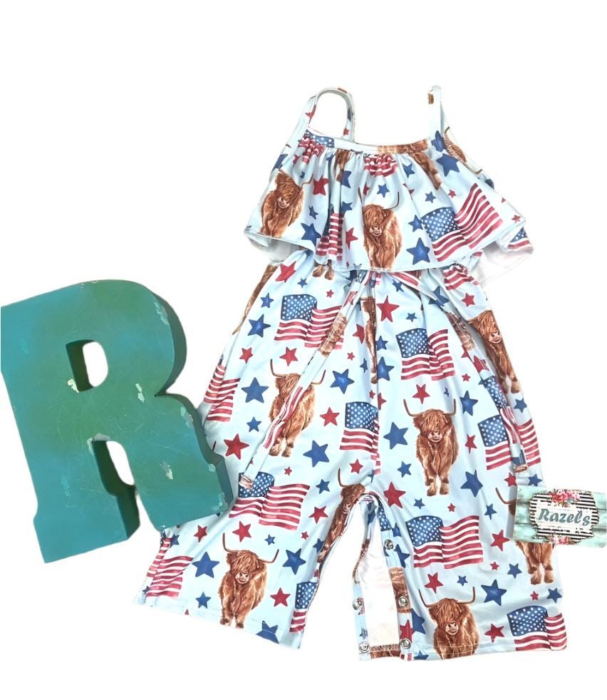 Highland Cow 4th of July Outfits for Kids β Dress, Button Down Shirt & Romper | Western Matching Sibling Set | Patriotic Cowboy ClothesOf July Kids