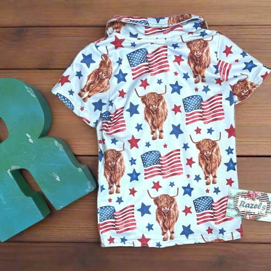 Highland Cow 4th of July Outfits for Kids β Dress, Button Down Shirt & Romper | Western Matching Sibling Set | Patriotic Cowboy ClothesOf July Kids