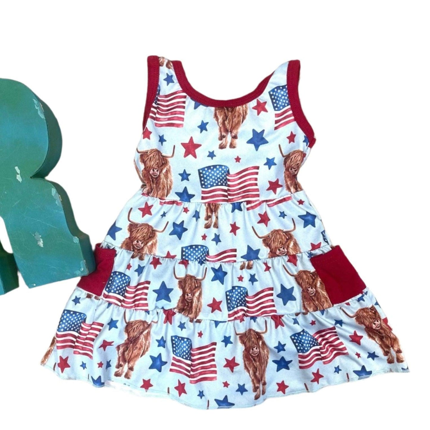 Highland Cow 4th of July Outfits for Kids β Dress, Button Down Shirt & Romper | Western Matching Sibling Set | Patriotic Cowboy ClothesOf July Kids