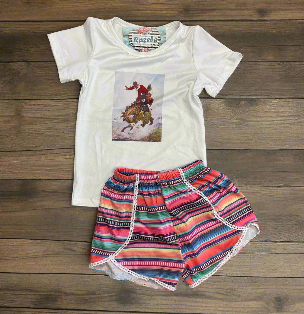 Girls Serape Summer Shorts β Pink Stripe Western Boutique Style β Lightweight & Lace Hem