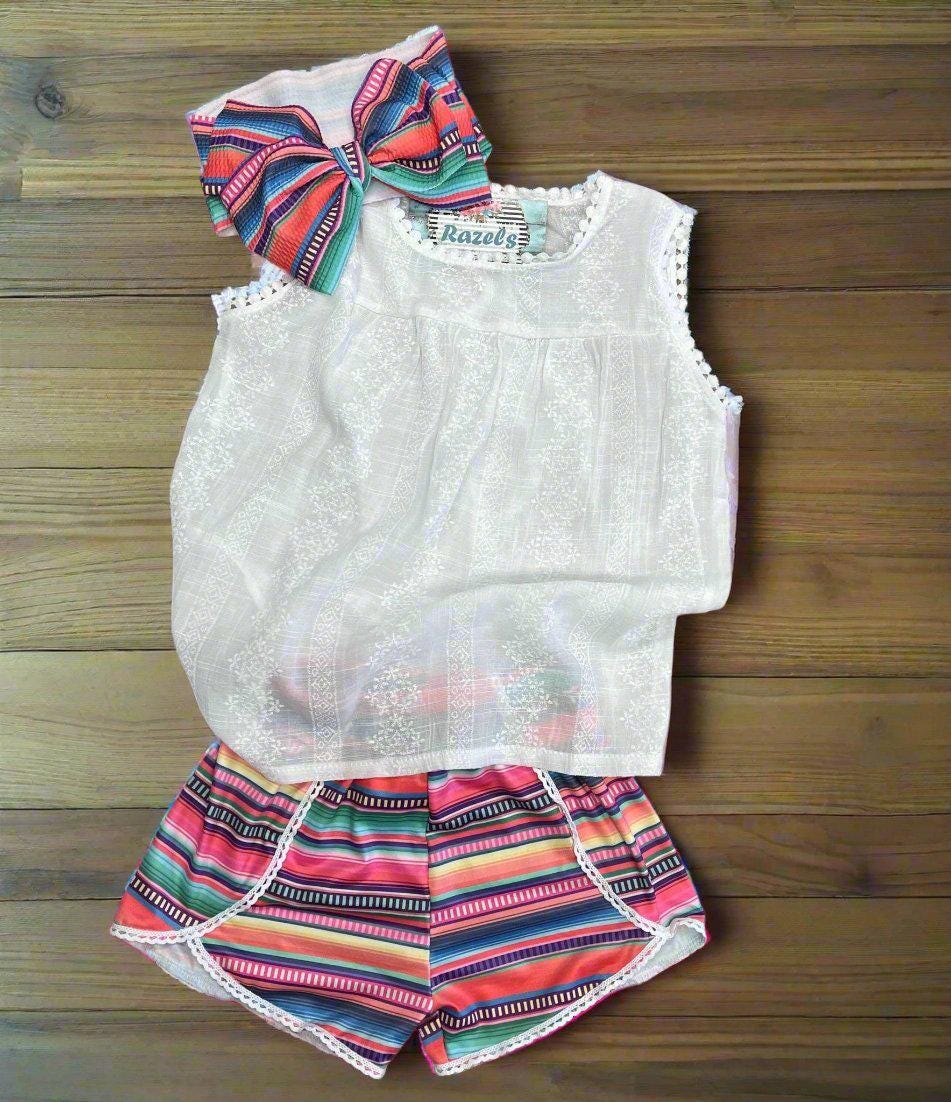 Girls Serape Summer Shorts β Pink Stripe Western Boutique Style β Lightweight & Lace Hem