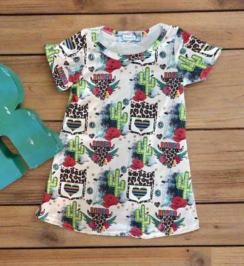 Cowgirl Dress for Kids Toddler & Baby - Rodeo T-Shirt Dress with Cheetah Skull, Cactus and Back Number Design