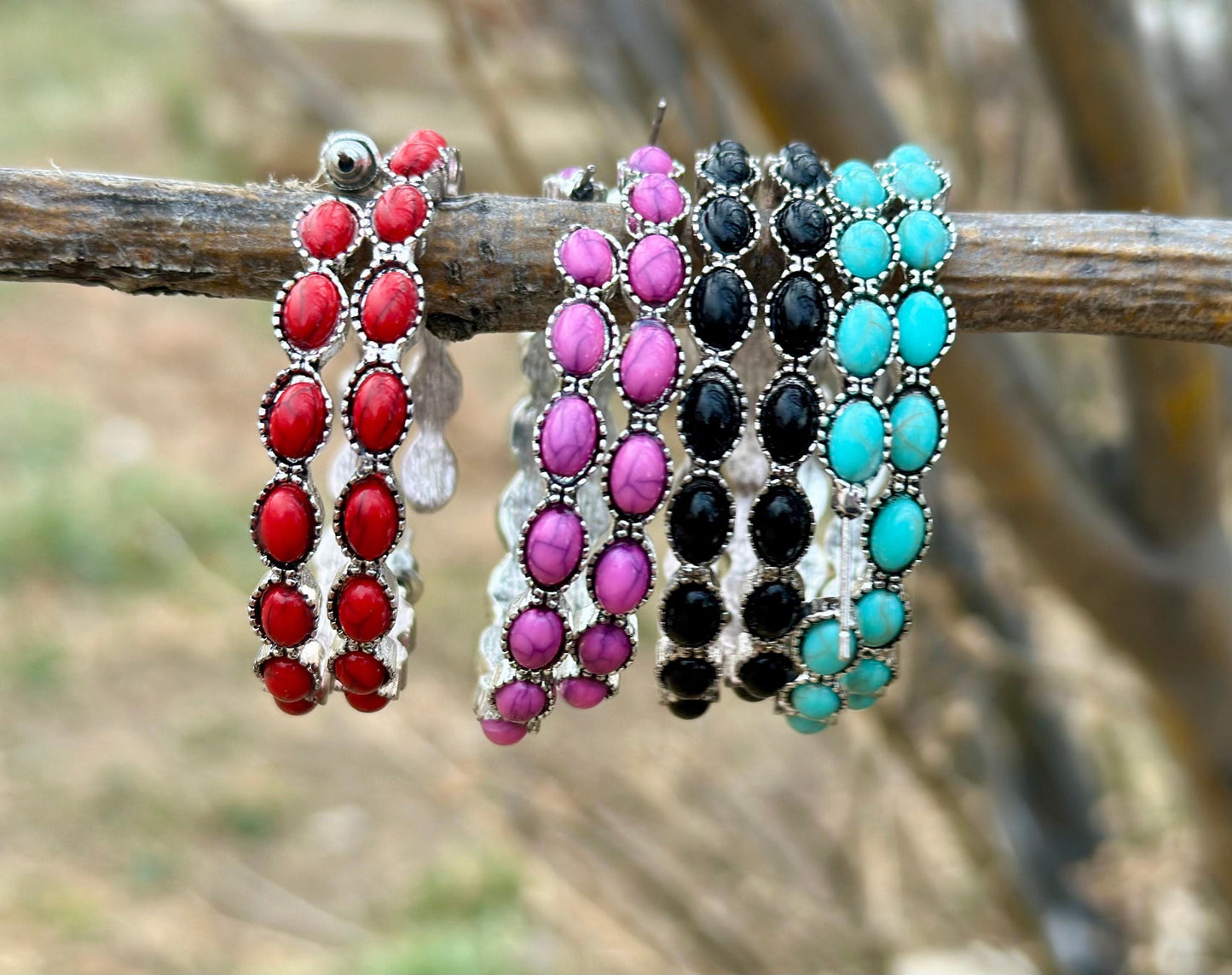 Red Stone Hoop Earrings, Large Hoop Earrings