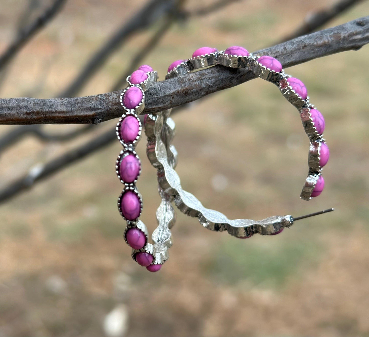 Large Pink Stone Hoop Earrings, Large Gemstone C Shaped Western Earrings