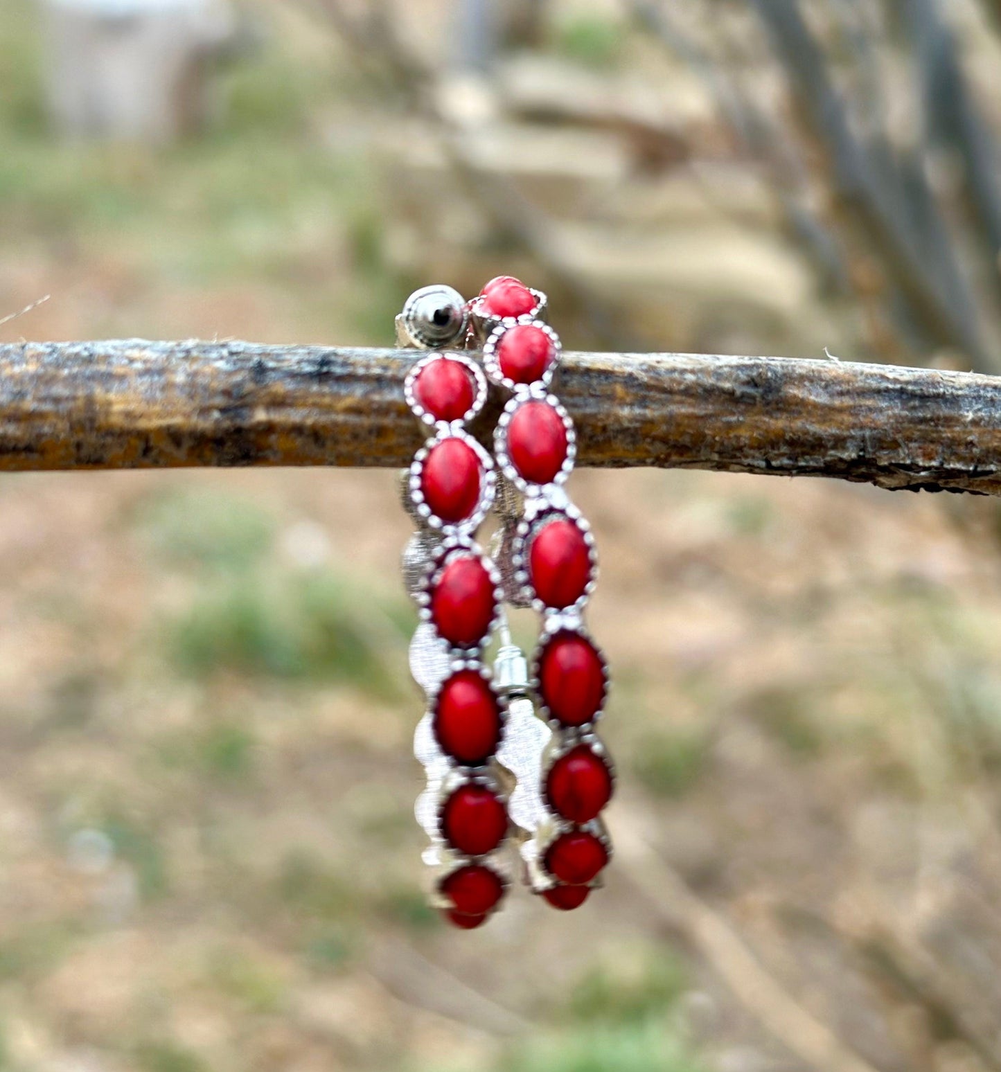 Red Stone Hoop Earrings, Large Hoop Earrings