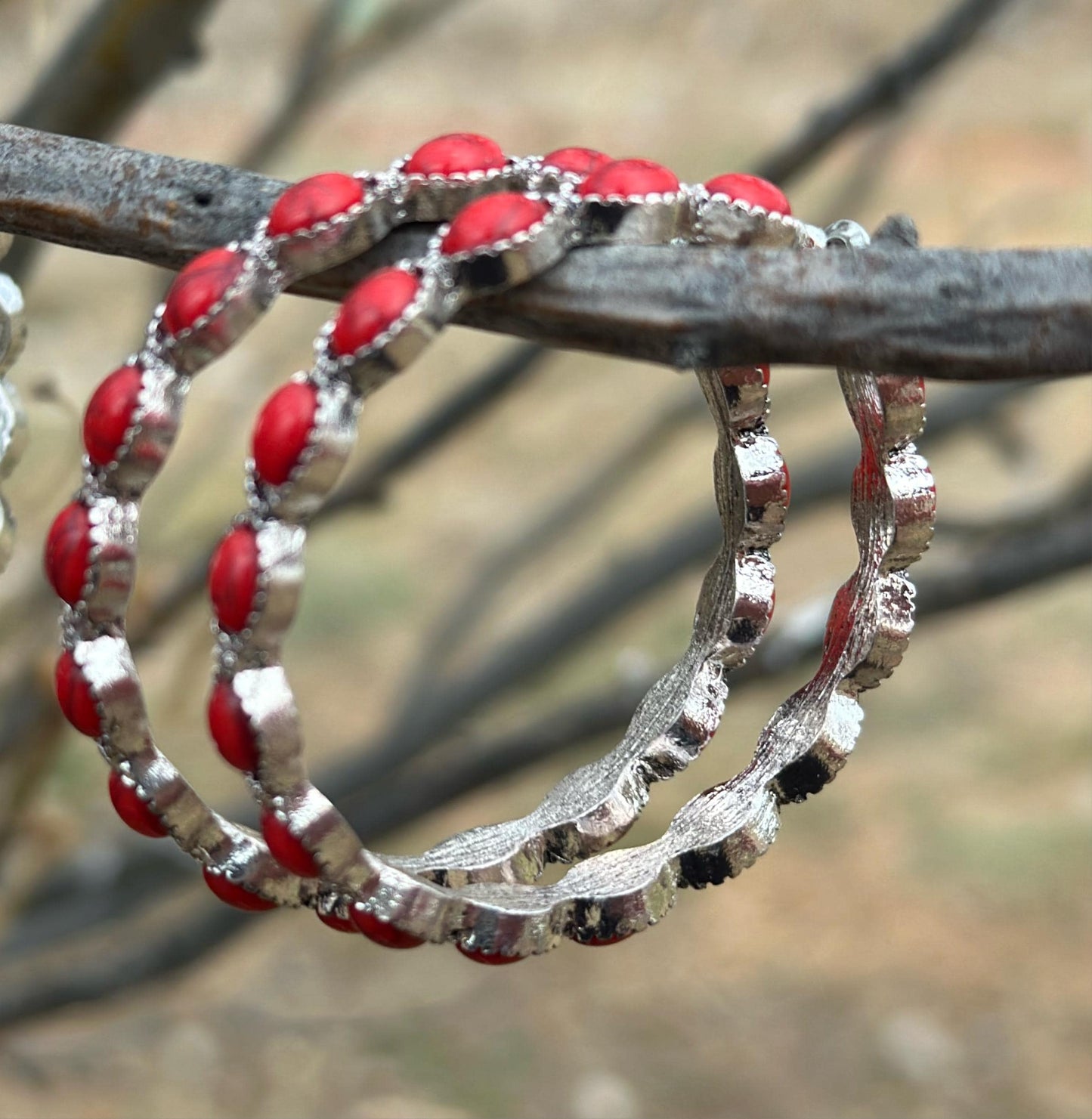 Red Stone Hoop Earrings, Large Hoop Earrings