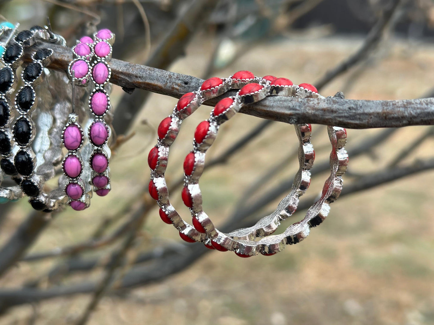 Red Stone Hoop Earrings, Large Hoop Earrings