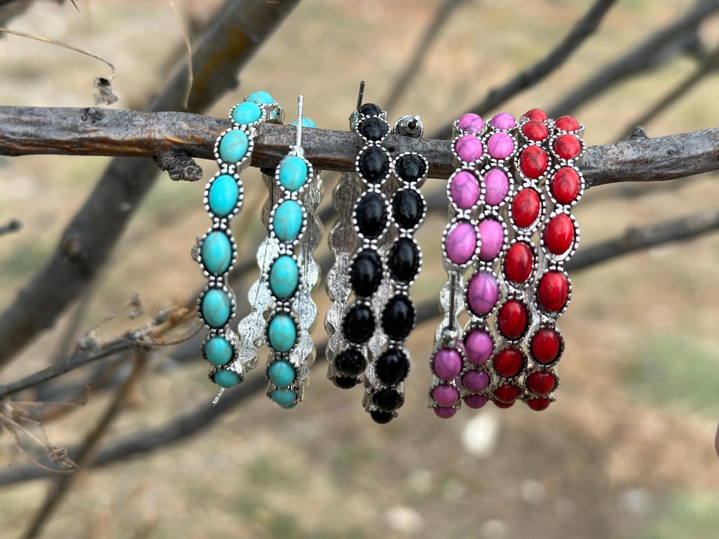 Red Stone Hoop Earrings, Large Hoop Earrings