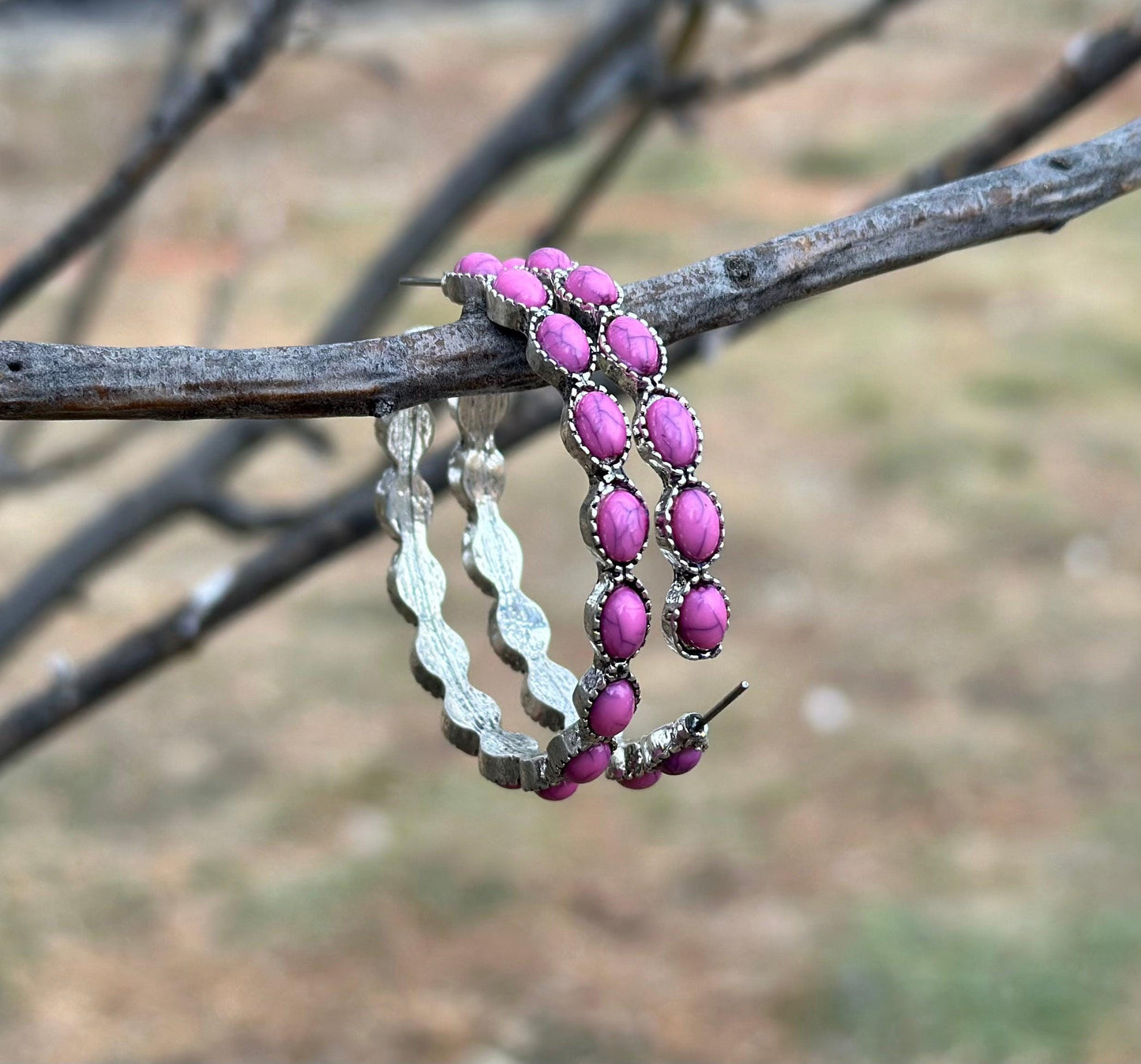 Large Pink Stone Hoop Earrings, Large Gemstone C Shaped Western Earrings