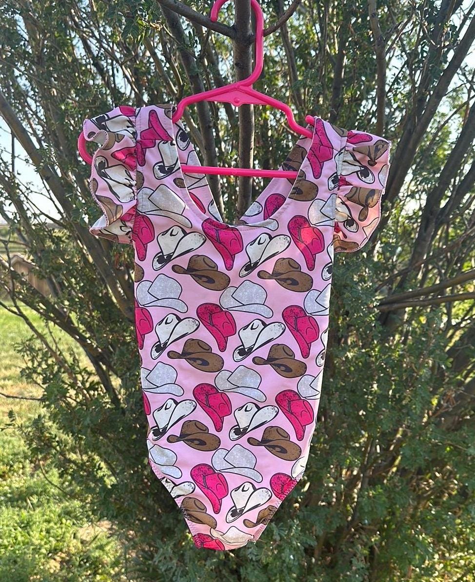 GIRLS PINK SWIMSUIT, Cowgirl Swimsuit | Girls Ruffle One Piece Swimsuit | Western Swimsuits Girls