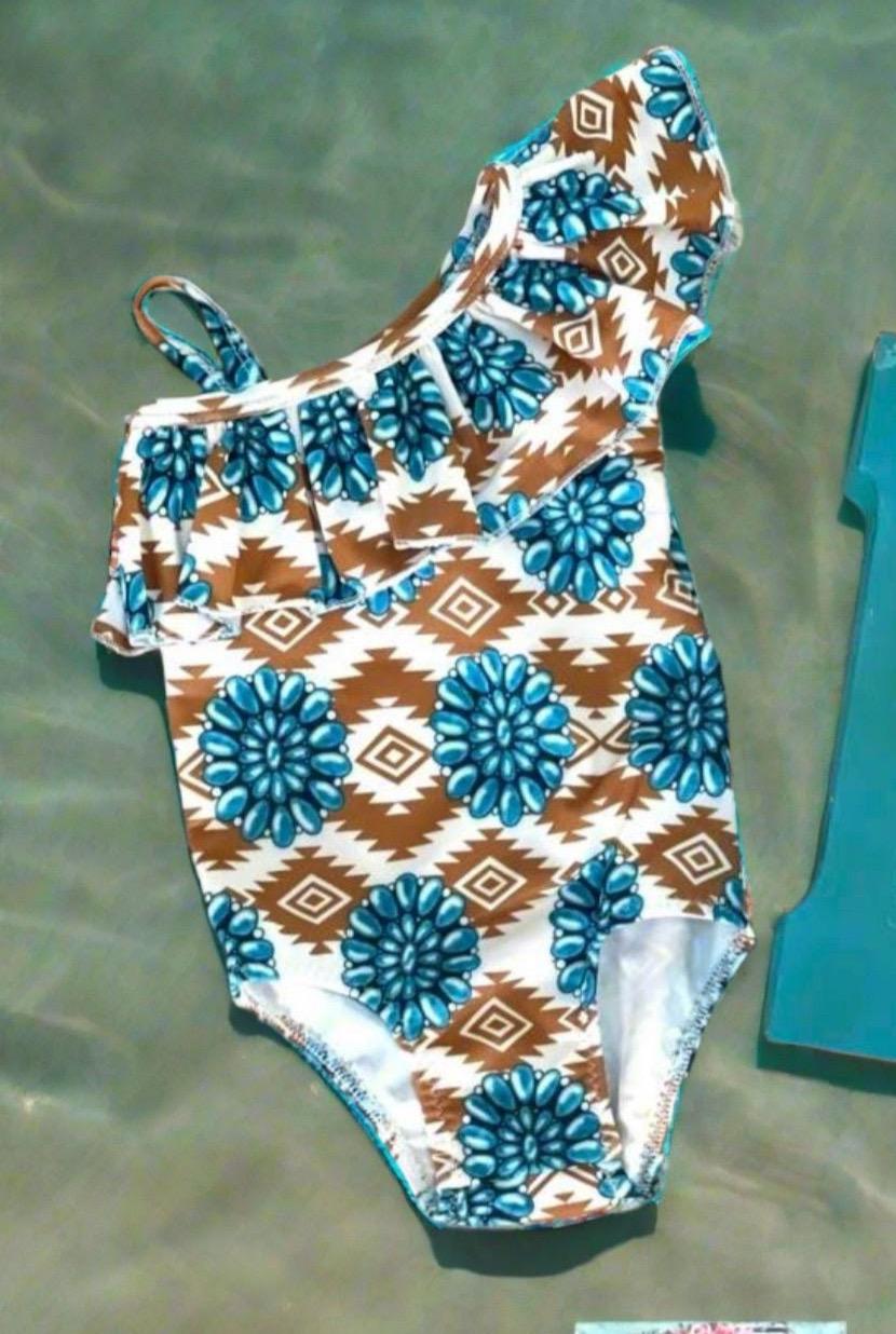 Western Cowgirl Swimsuit | Turquoise Conchos | Ruffle One-Piece | Southwestern Style