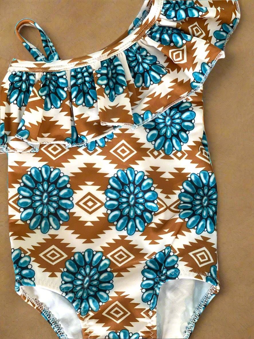 Western Cowgirl Swimsuit | Turquoise Conchos | Ruffle One-Piece | Southwestern Style