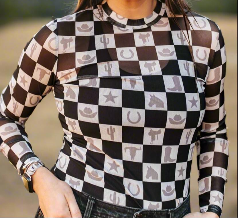 Western MOTIF Shirt | SHEER Checkerboard Top | Layering Top | BODYCON | Cowgirl Shirt