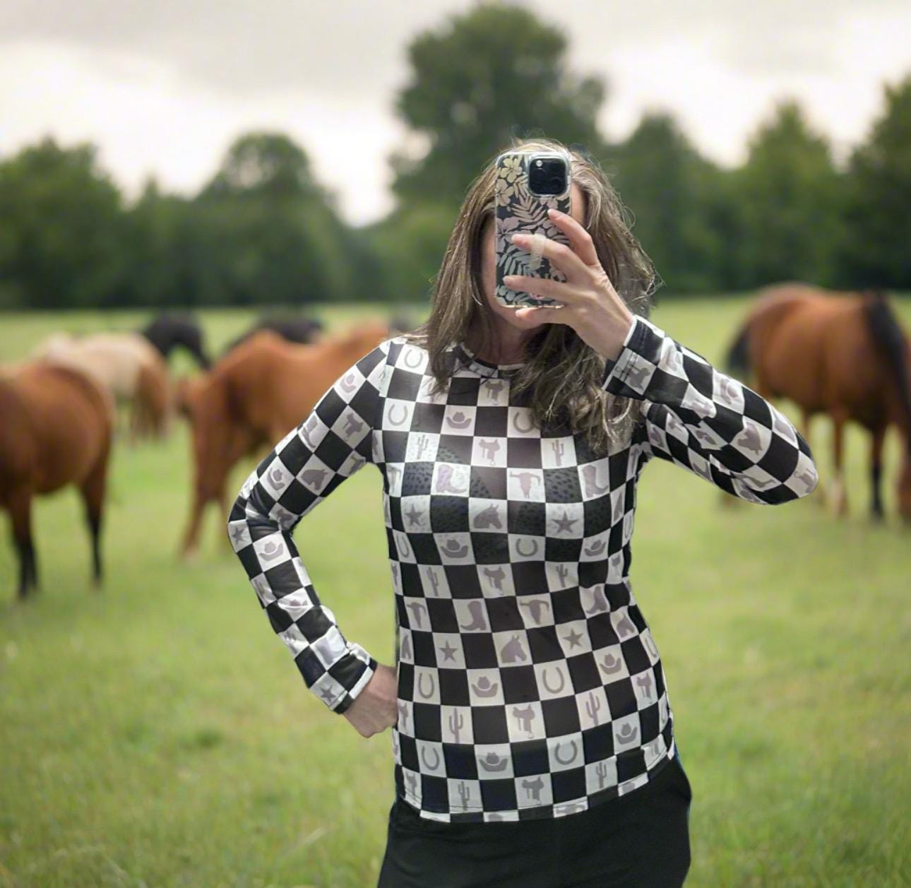Western MOTIF Shirt | SHEER Checkerboard Top | Layering Top | BODYCON | Cowgirl Shirt