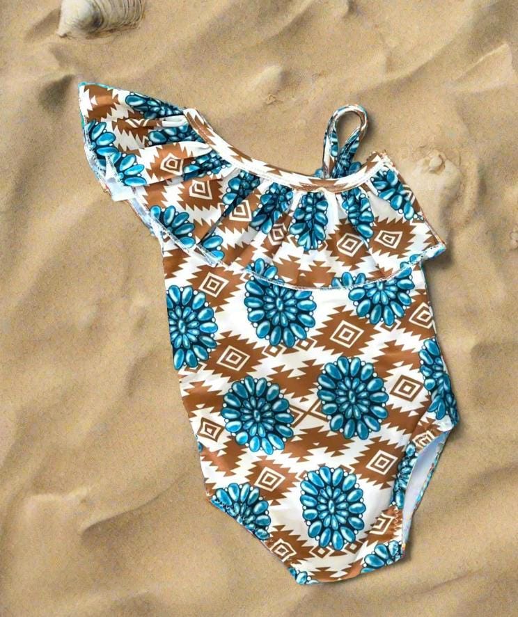 Western Cowgirl Swimsuit | Turquoise Conchos | Ruffle One-Piece | Southwestern Style