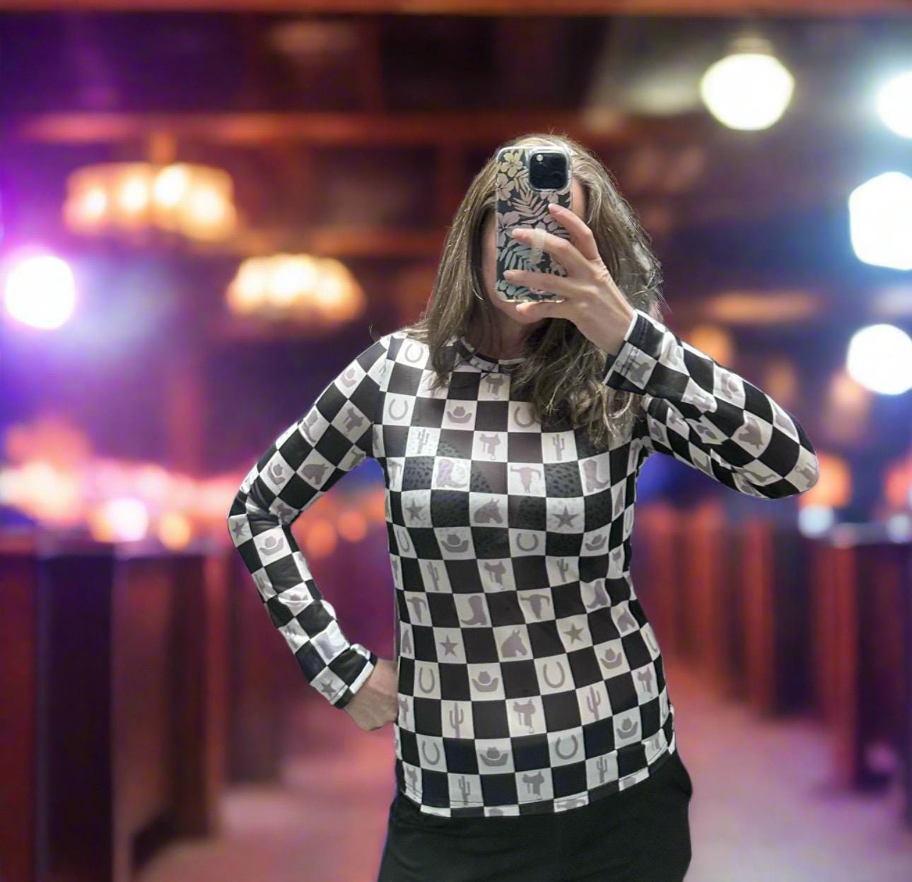 Western MOTIF Shirt | SHEER Checkerboard Top | Layering Top | BODYCON | Cowgirl Shirt