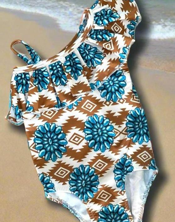 Western Cowgirl Swimsuit | Turquoise Conchos | Ruffle One-Piece | Southwestern Style