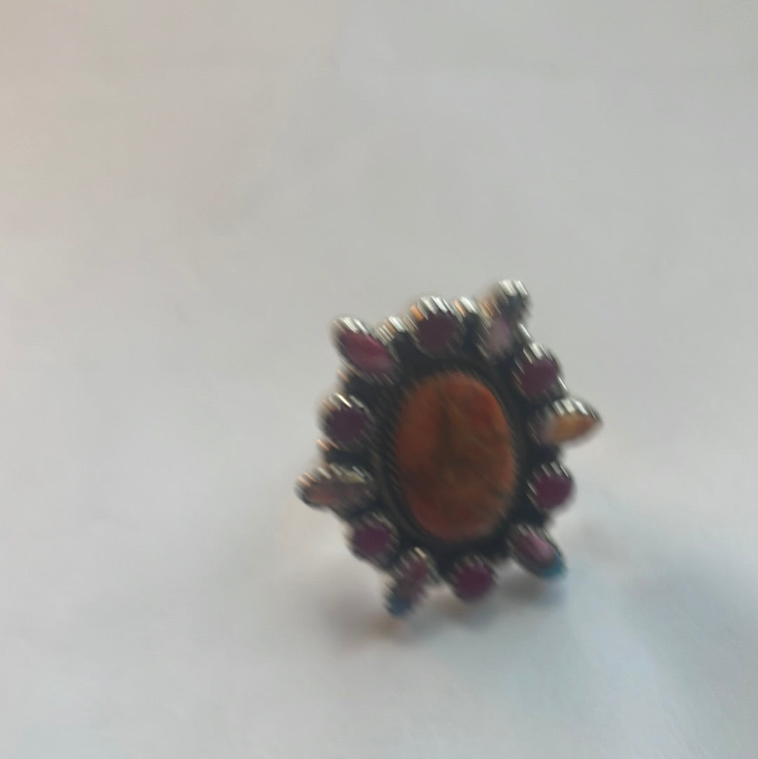 Beautiful Handmade Orange & Pink Mojave, Pink Onyx & Sterling Silver Adjustable Ring Signed Nizhoni