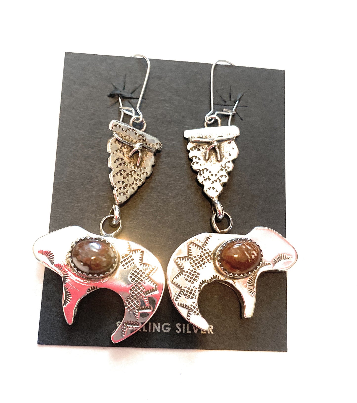 Handcrafted Wild Horse & Sterling Silver Fetish Bear Dangle Earrings