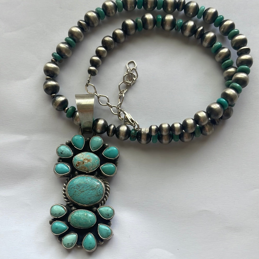Beautiful Beaded Navajo Sterling Silver and Turquoise Necklace Signed Sheila Becenti