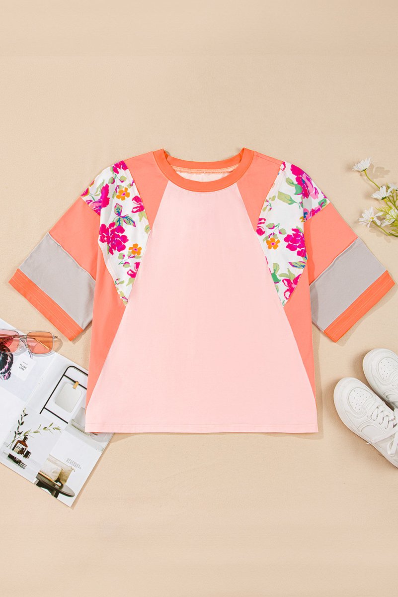 Orange Plus Size Floral Print Patchwork Raglan Half Sleeve Top