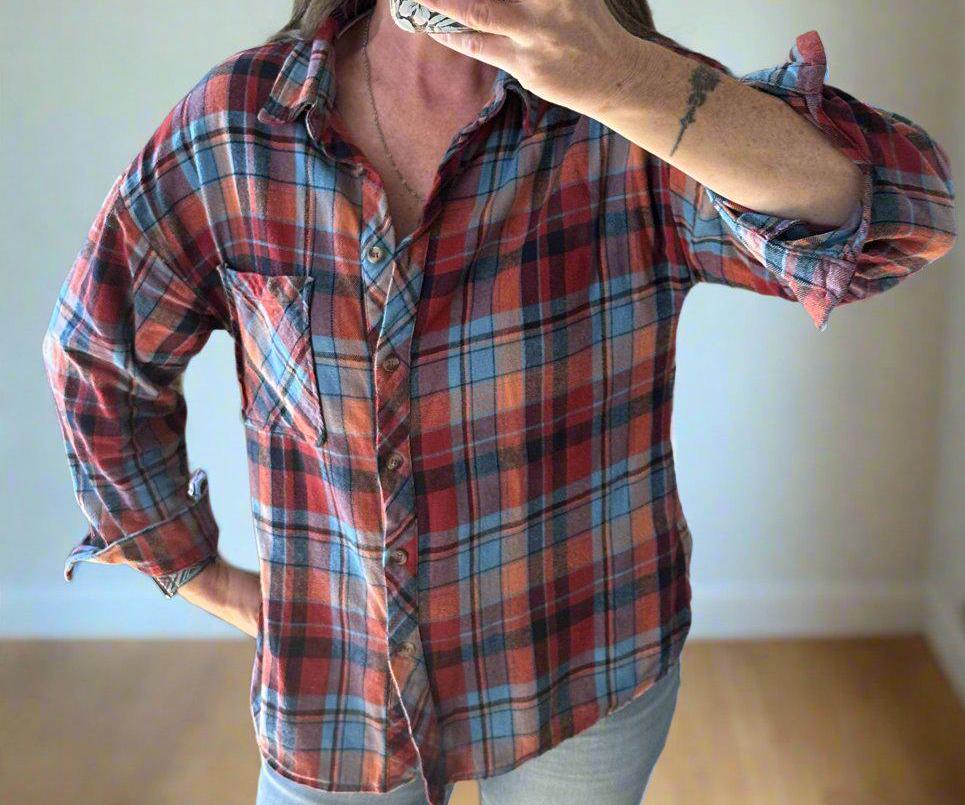 Women's Fall Plaid Shirt | Oversized Button Down | Red or Orange Cotton Flannel | FREE Shipping