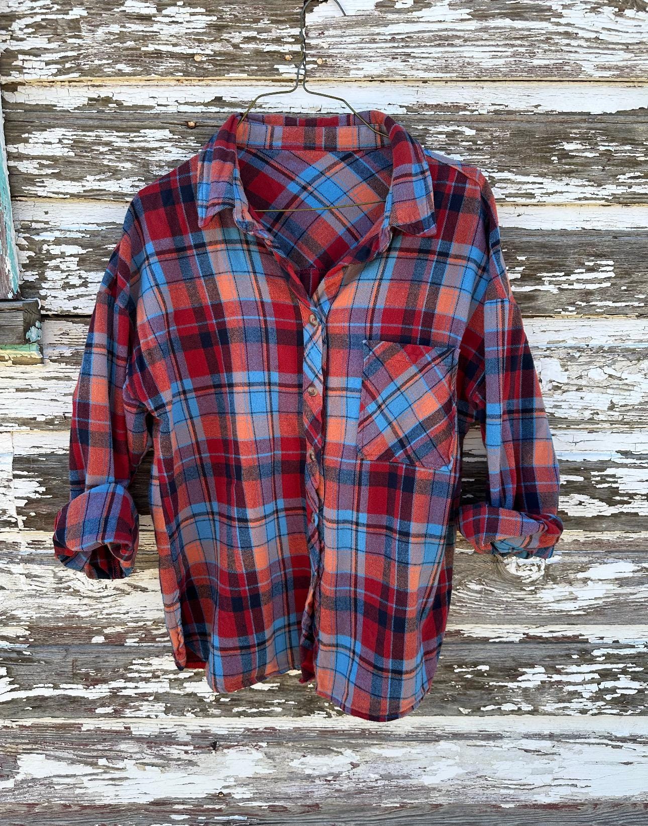 Women's Fall Plaid Shirt | Oversized Button Down | Red or Orange Cotton Flannel | FREE Shipping