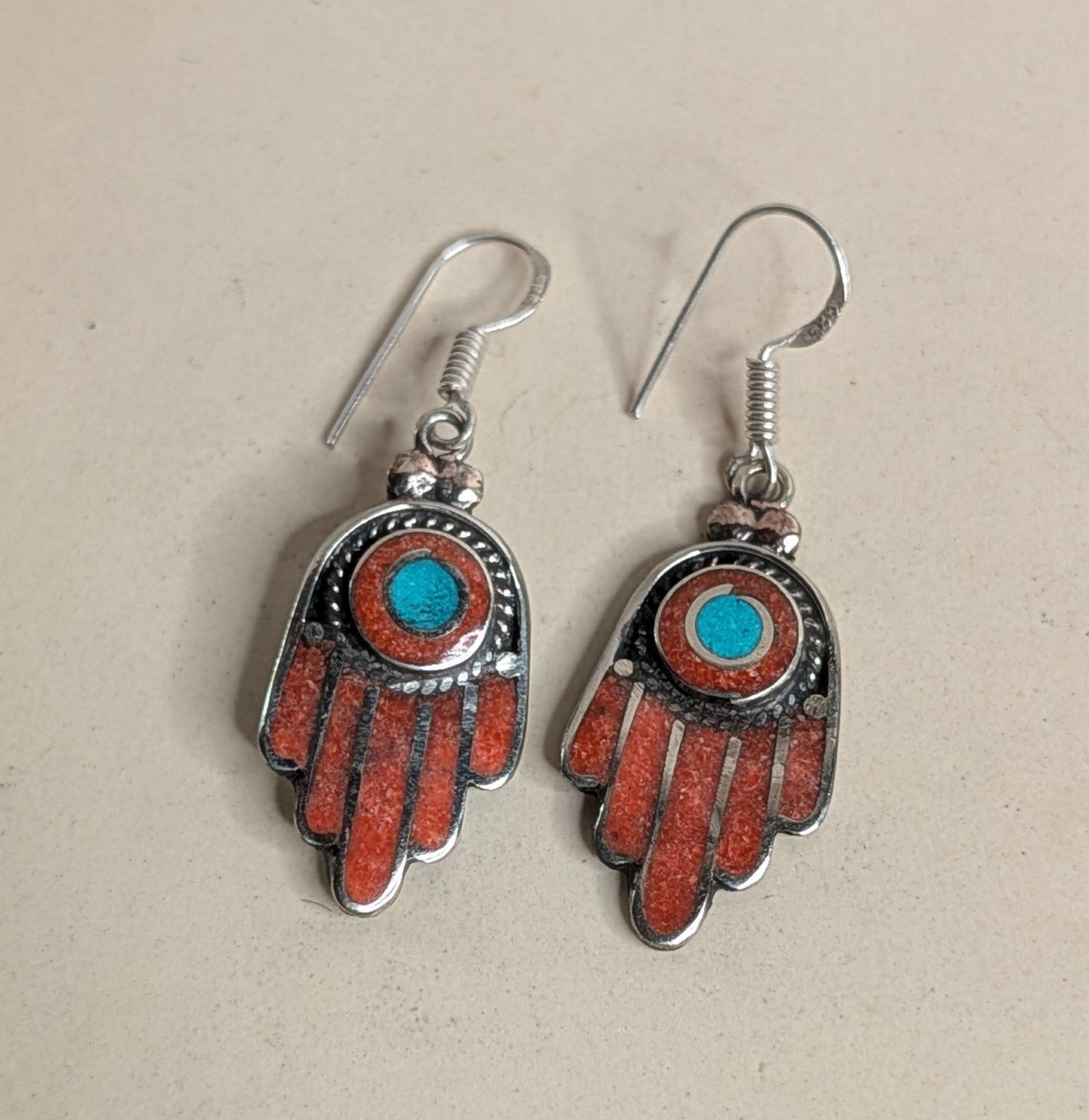 Coral Dangle Earrings with Turquoise Center – Southwest Style