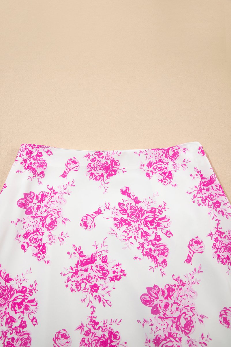 Rose Boho Floral High Waist Ruffle Split Maxi Skirt for Women