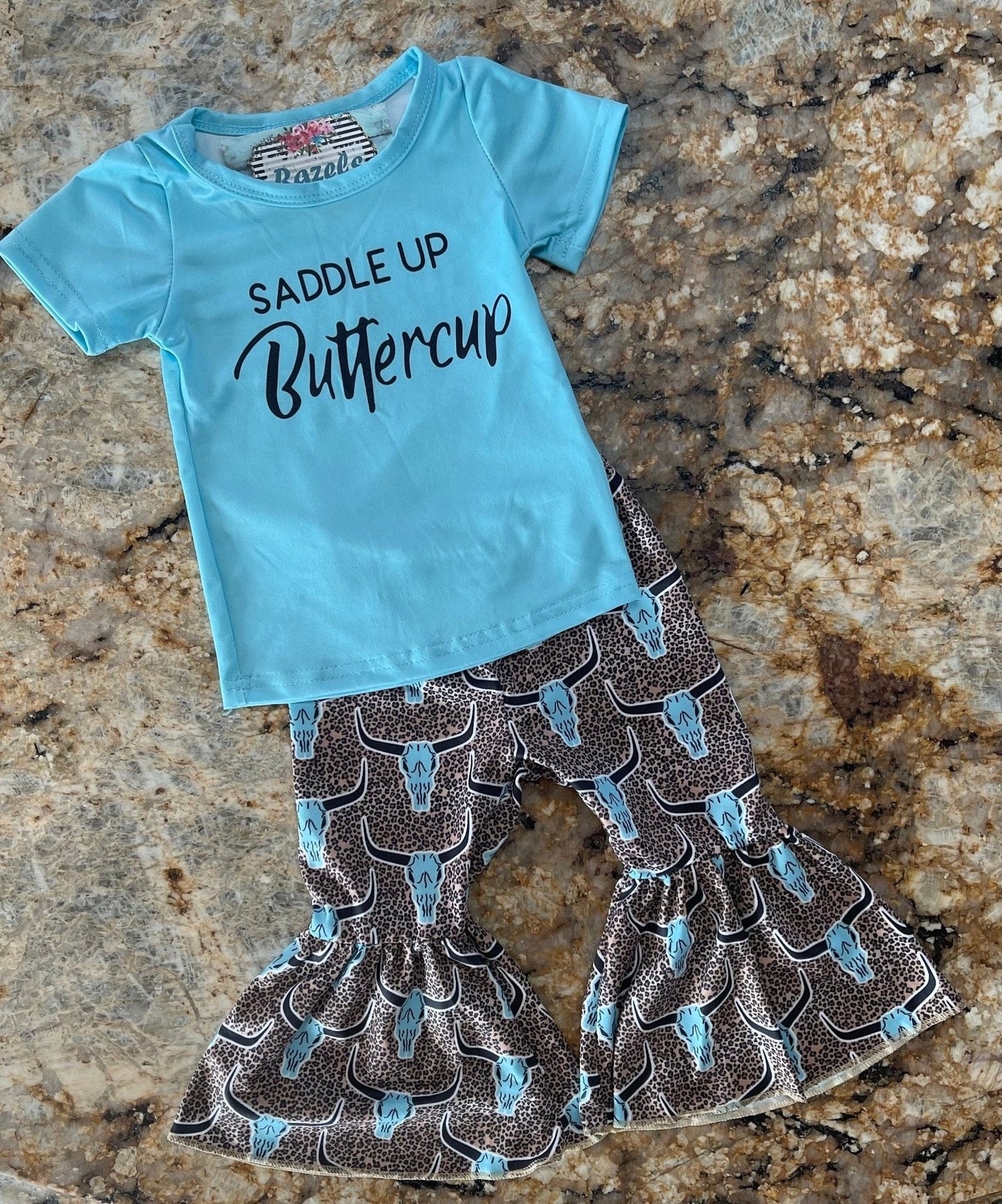 Saddle Up Buttercup Bell Bottom Outfit Sizes: 8/9, 10/12, 14/16, Cowgirl Bell Bottom, Turquoise T-Shirt &; Cow Skull Cheetah Print Flares,