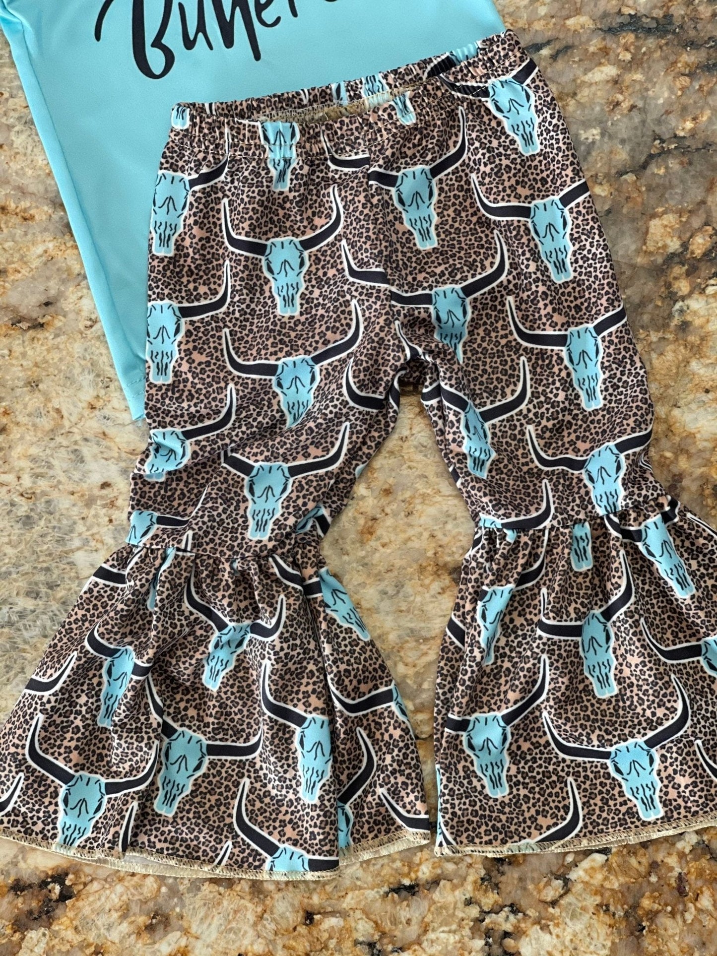 Saddle Up Buttercup Bell Bottom Outfit Sizes: 8/9, 10/12, 14/16, Cowgirl Bell Bottom, Turquoise T-Shirt &; Cow Skull Cheetah Print Flares,