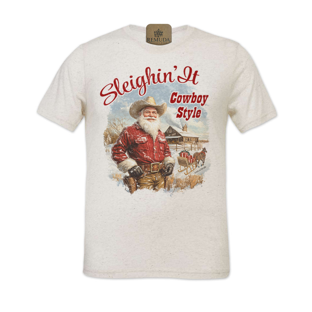 Sleighin It Cowboy Style - Adult Unisex Christmas Western Santa Tee T-Shirt