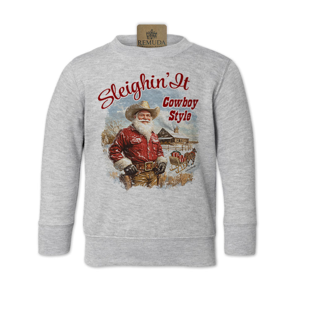 Sleighin It Cowboy Style - Toddler Western Santa Sweatshirt